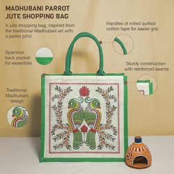 Jute Cottage Madhubani Parrot Shopping Zipper bag 14x14x8 - B-308